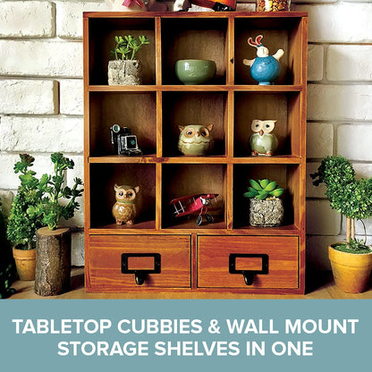 Wall Mount Wooden Cubby Shelf with Drawers – Rustic Display Organizer for Storage & Decor