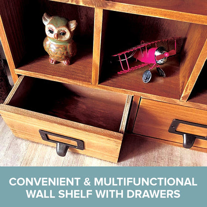 Wall Mount Wooden Cubby Shelf with Drawers – Rustic Display Organizer for Storage & Decor