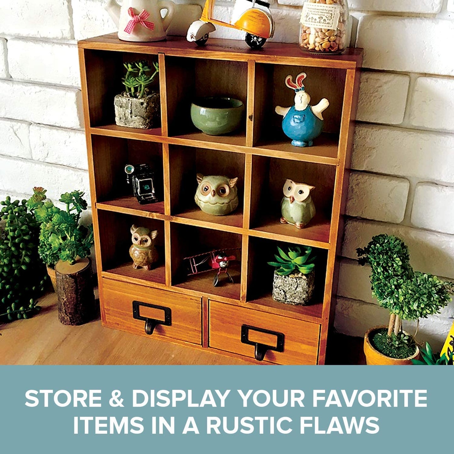 Wall Mount Wooden Cubby Shelf with Drawers – Rustic Display Organizer for Storage & Decor