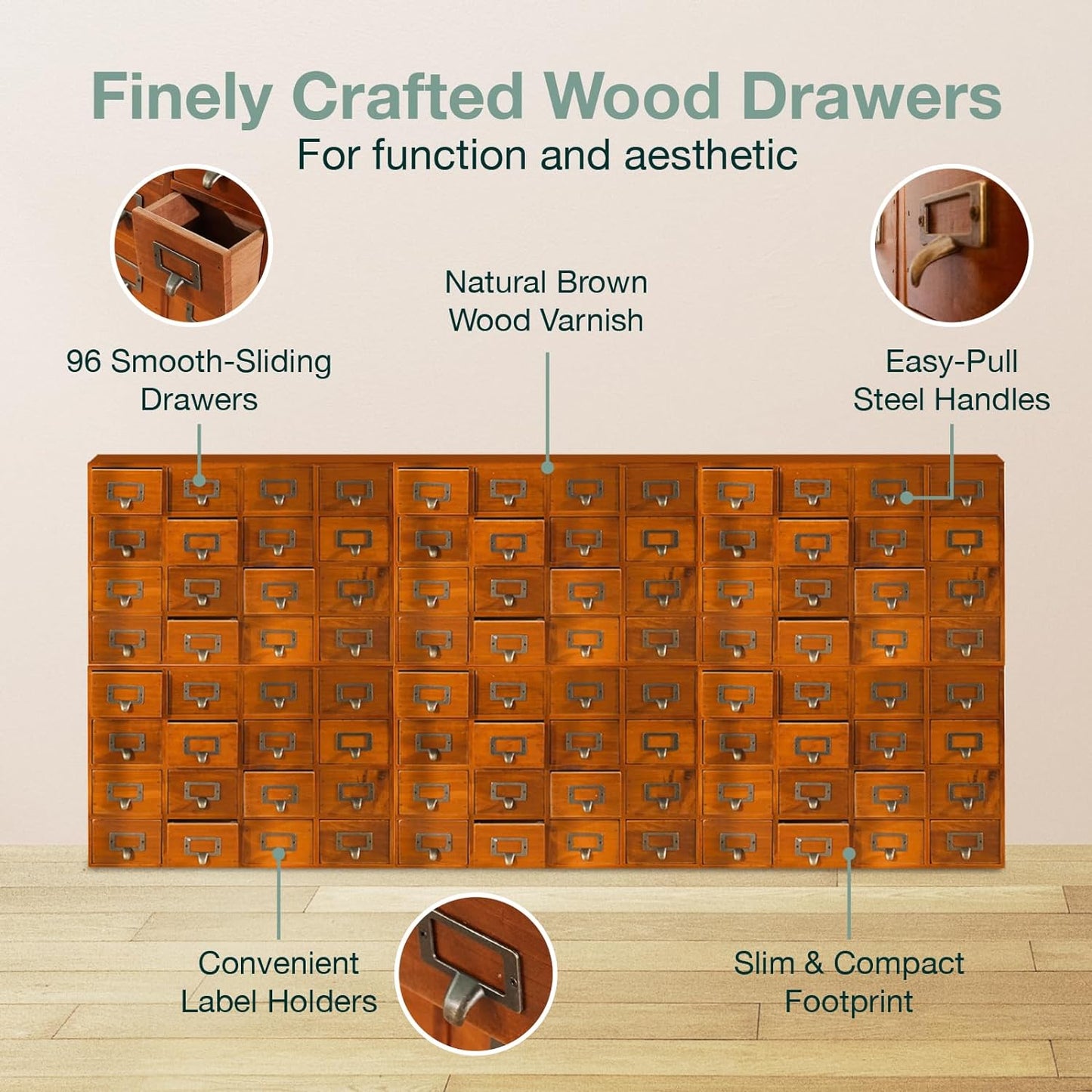 96-Drawer Wooden Storage Box- 6*16 Vintage Card Catalog Storage System with Label Holders for Crafts, Hardware & Collectibles
