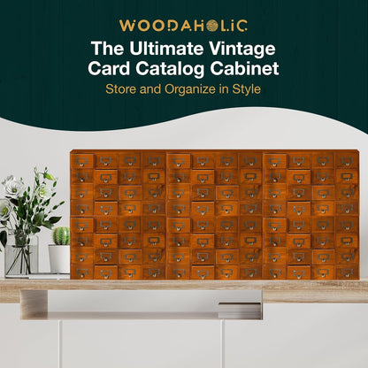 96-Drawer Wooden Storage Box- 6*16 Vintage Card Catalog Storage System with Label Holders for Crafts, Hardware & Collectibles