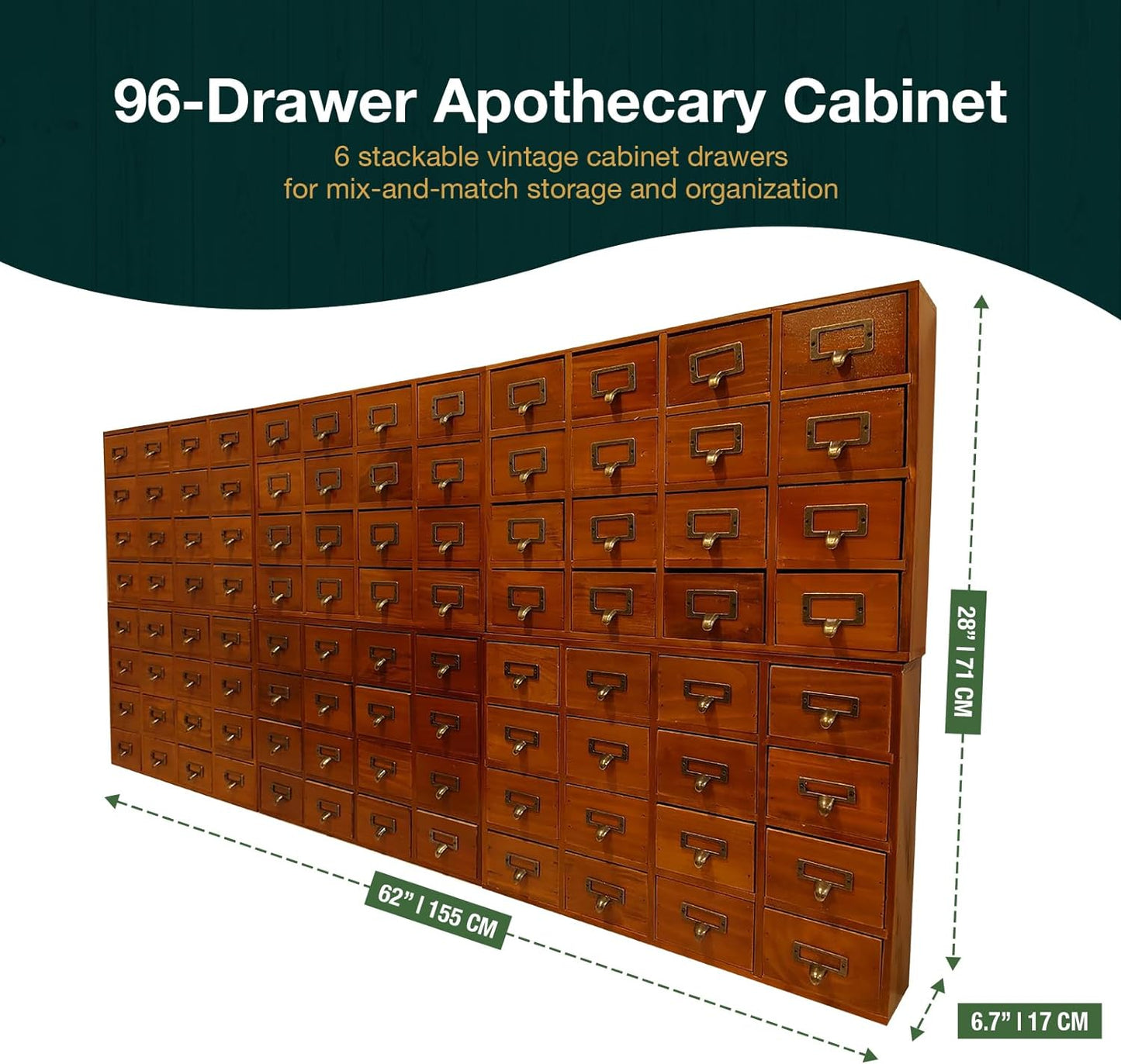 96-Drawer Wooden Storage Box- 6*16 Vintage Card Catalog Storage System with Label Holders for Crafts, Hardware & Collectibles