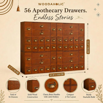 56-Drawer Wooden Apothecary Organizer - Stackable Library Card Catalog Storage Cabinet for Trading Cards, Stickers, Beads & Hardware