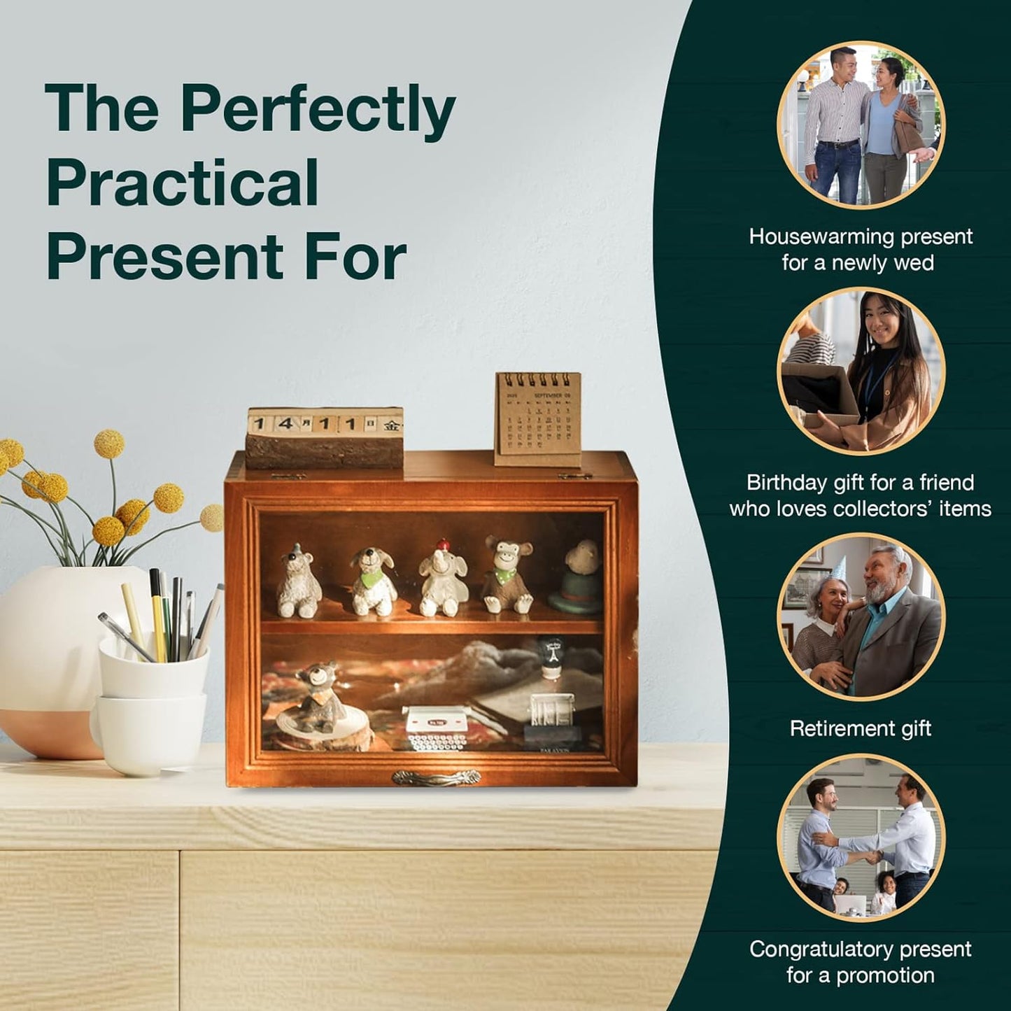 Wooden Display Cabinet with Glass Lid – 2-Tier Tabletop Organizer for Collectibles, Skincare, Office Supplies & Countertop Storage