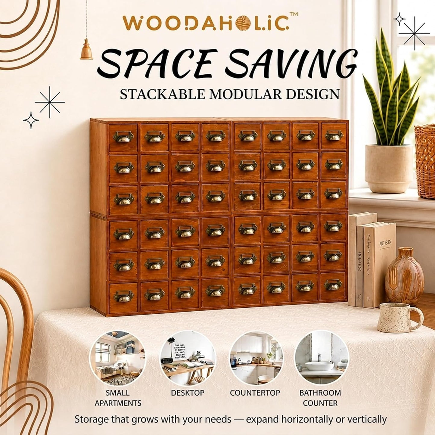 48-Drawer Wooden Apothecary Organizer - Stackable Card Catalog Storage Cabinet for Beads, Hardware, Spices, Tea & Craft Supplies