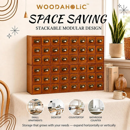 48-Drawer Wooden Apothecary Organizer - Stackable Card Catalog Storage Cabinet for Beads, Hardware, Spices, Tea & Craft Supplies