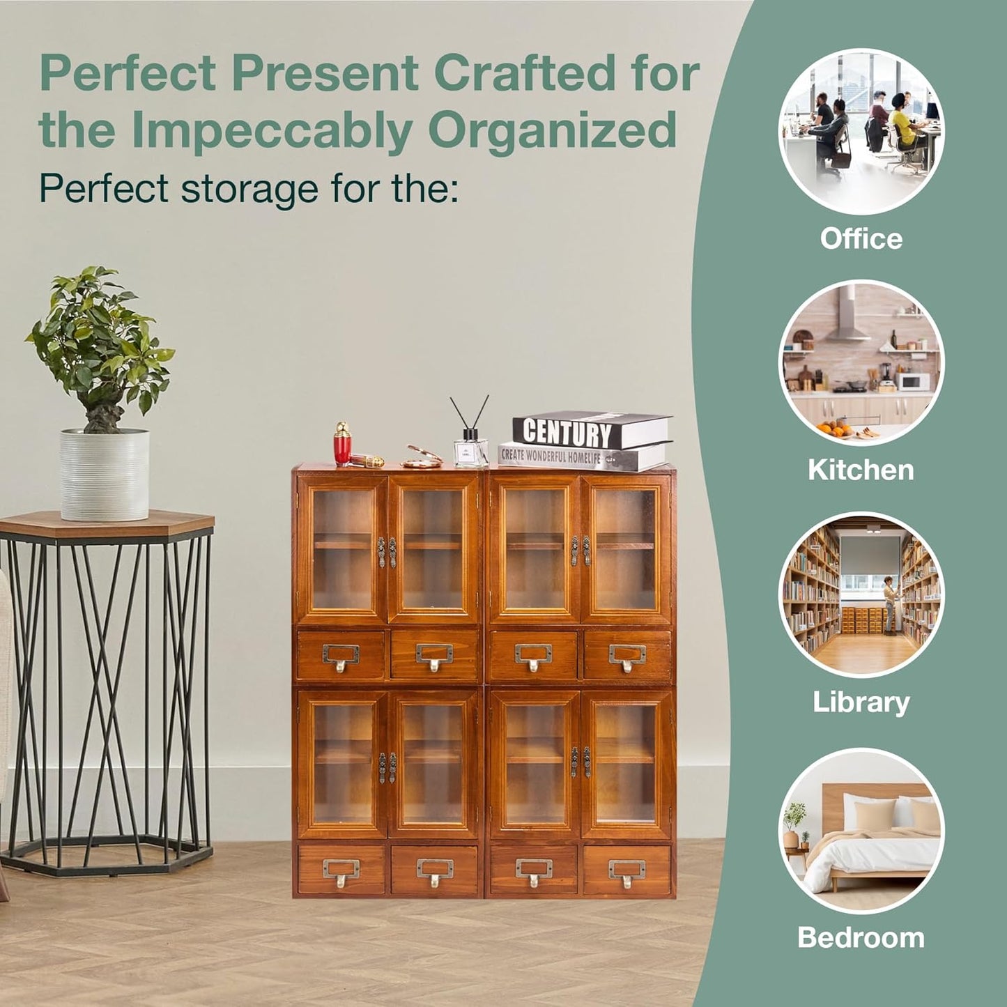 4-Piece Wooden Mini Cabinet Set with Glass Doors – Stackable Wall-Mount Storage Organizer with Drawers for Office & Home