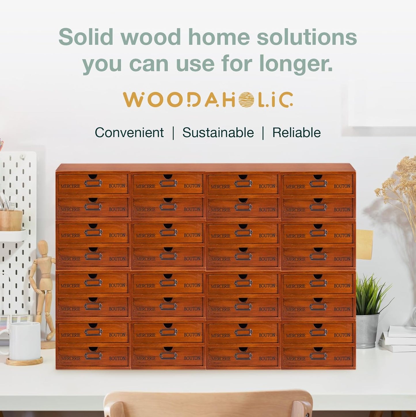 48 Drawer Wooden Storage Organizer - 12 Large Stackable Modular Cabinet with Label Holders for Crafts, Office Supplies