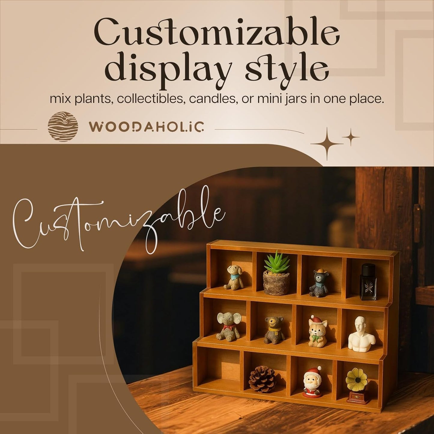 3-Tier Wooden Display Riser Shelf – Stackable Desktop Organizer for Collectibles, Plants, Candles, Perfume & Decor