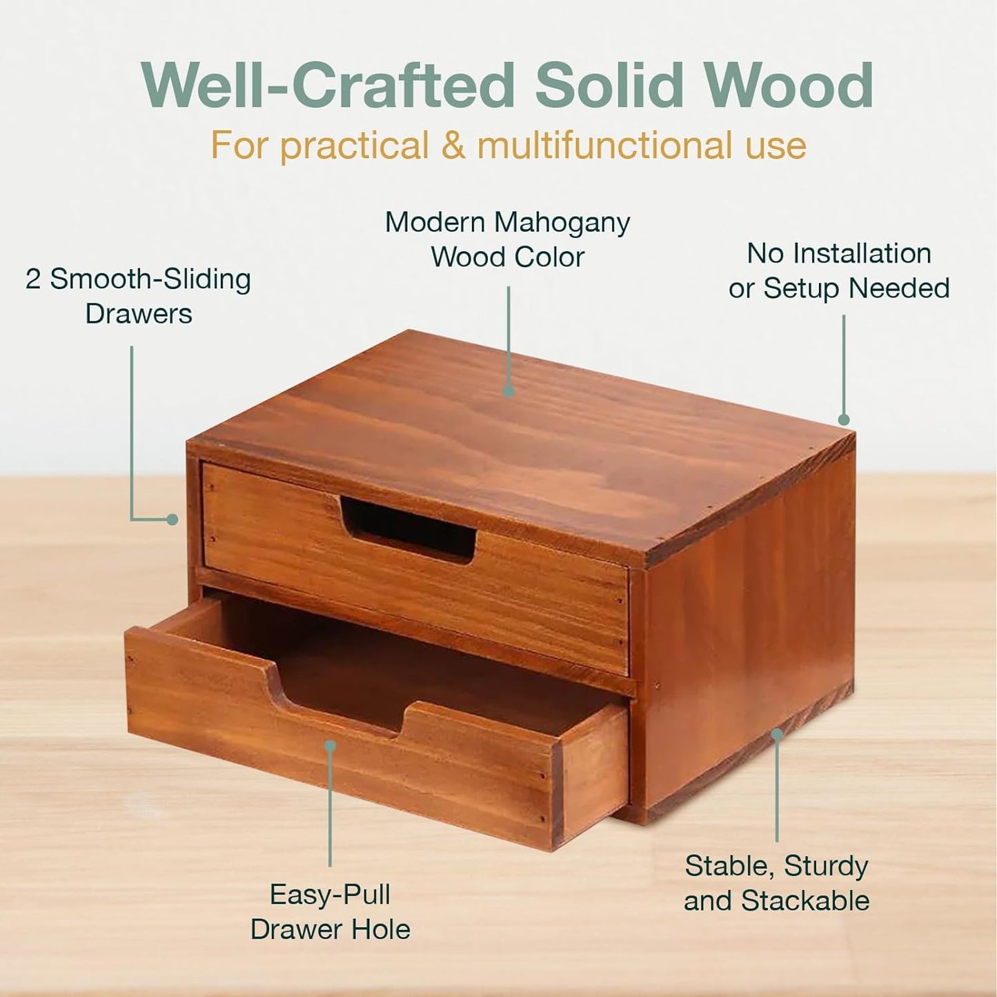 Wooden Desktop Organizer with 2 Drawers : Stackable Desk Storage Cabinet & Monitor Riser for Office Supplies, Documents & Workspace Organization