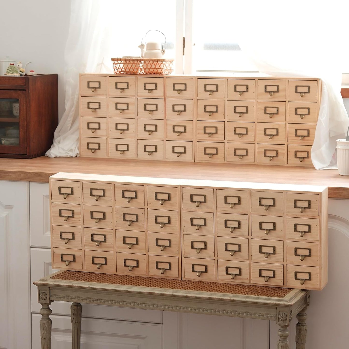 64-Drawer Natural Pine Apothecary Organizer - Wide Modular Storage Cabinet for Stickers, Beads, Stamps, Washi Tape & Scrapbooking