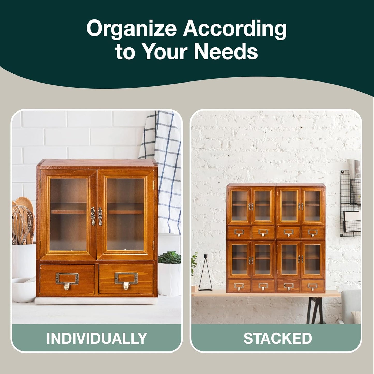 4-Piece Wooden Mini Cabinet Set with Glass Doors – Stackable Wall-Mount Storage Organizer with Drawers for Office & Home