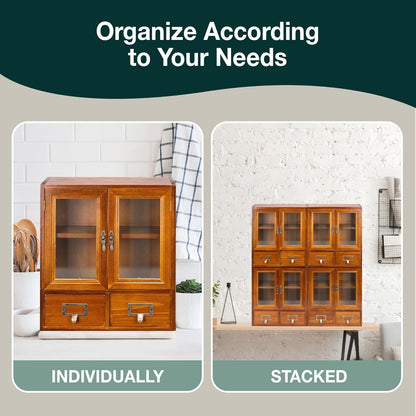 4-Piece Wooden Mini Cabinet Set with Glass Doors – Stackable Wall-Mount Storage Organizer with Drawers for Office & Home