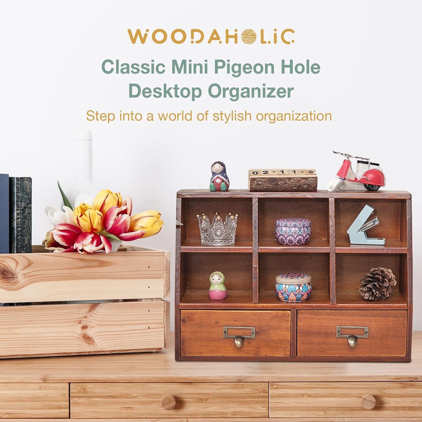 Vintage Mahogany Desk Organizer with Drawers – 6-Compartment Wooden Pigeon Hole Storage for Office, Vanity & Countertop