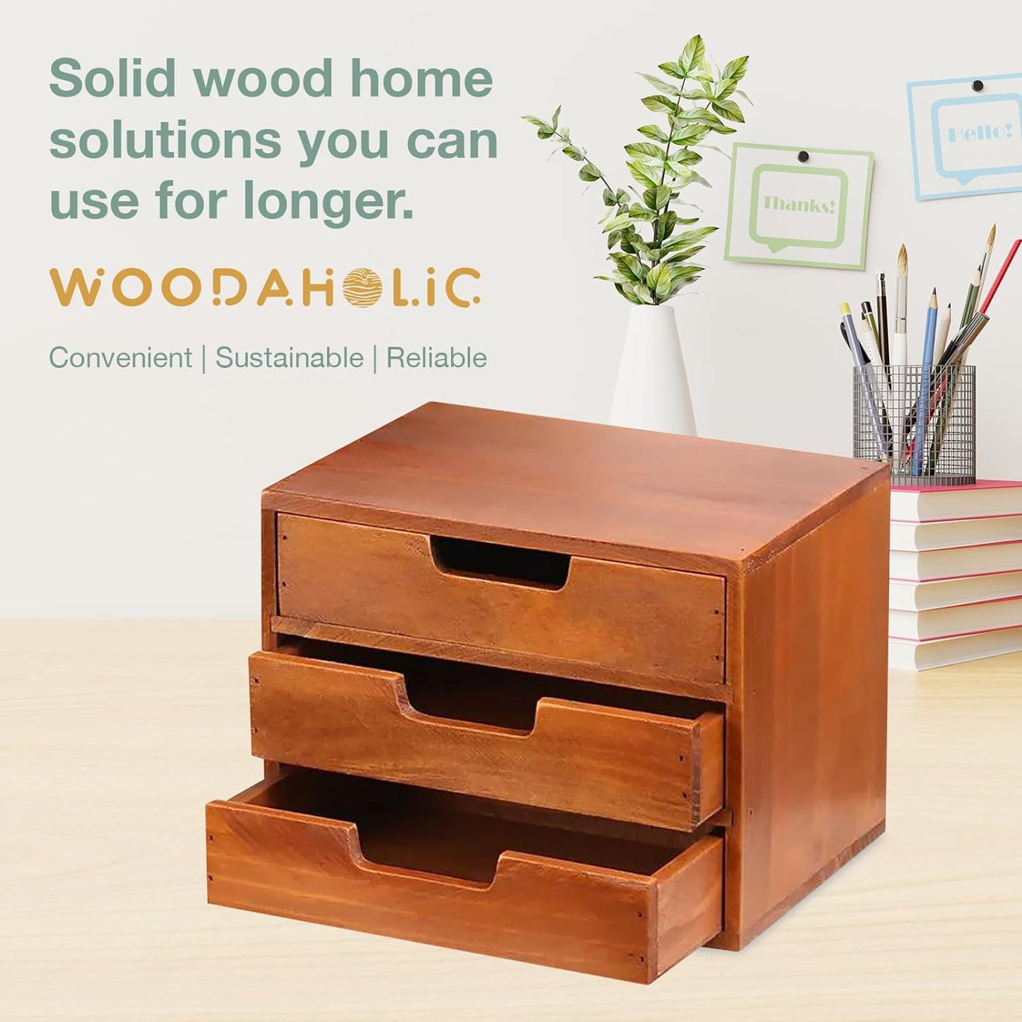 3-Drawer Wooden Desktop Organizer – Solid Wood Storage Cabinet for Desk, Countertop & Vanity Organization