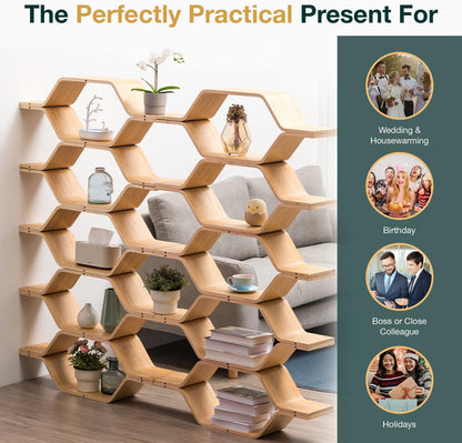 6-Level Honeycomb Hexagon Wood Shelving Unit – 5ft Tall Modern Room Divider Bookcase, DIY Solid Wood Display Shelf for Living Room, Office & Bedroom