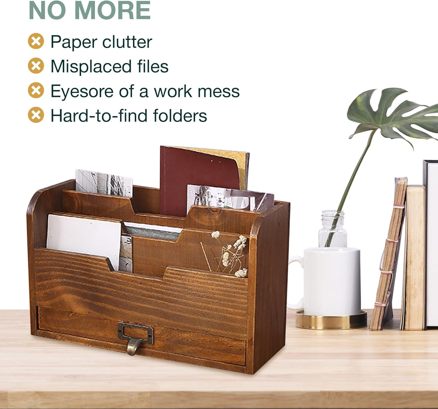 Wood Desktop File Organizer : Vertical Folder Sorter with 3 Document Compartments and Paper Tray Drawer for Office Desk Storage