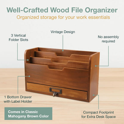 Wood Desktop File Organizer : Vertical Folder Sorter with 3 Document Compartments and Paper Tray Drawer for Office Desk Storage