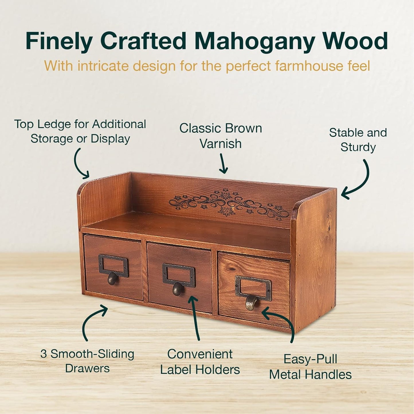 3 Drawers Vintage Farmhouse Storage Cabinet with Top Shelf & Label Holders for Desk, Vanity & Home Decor