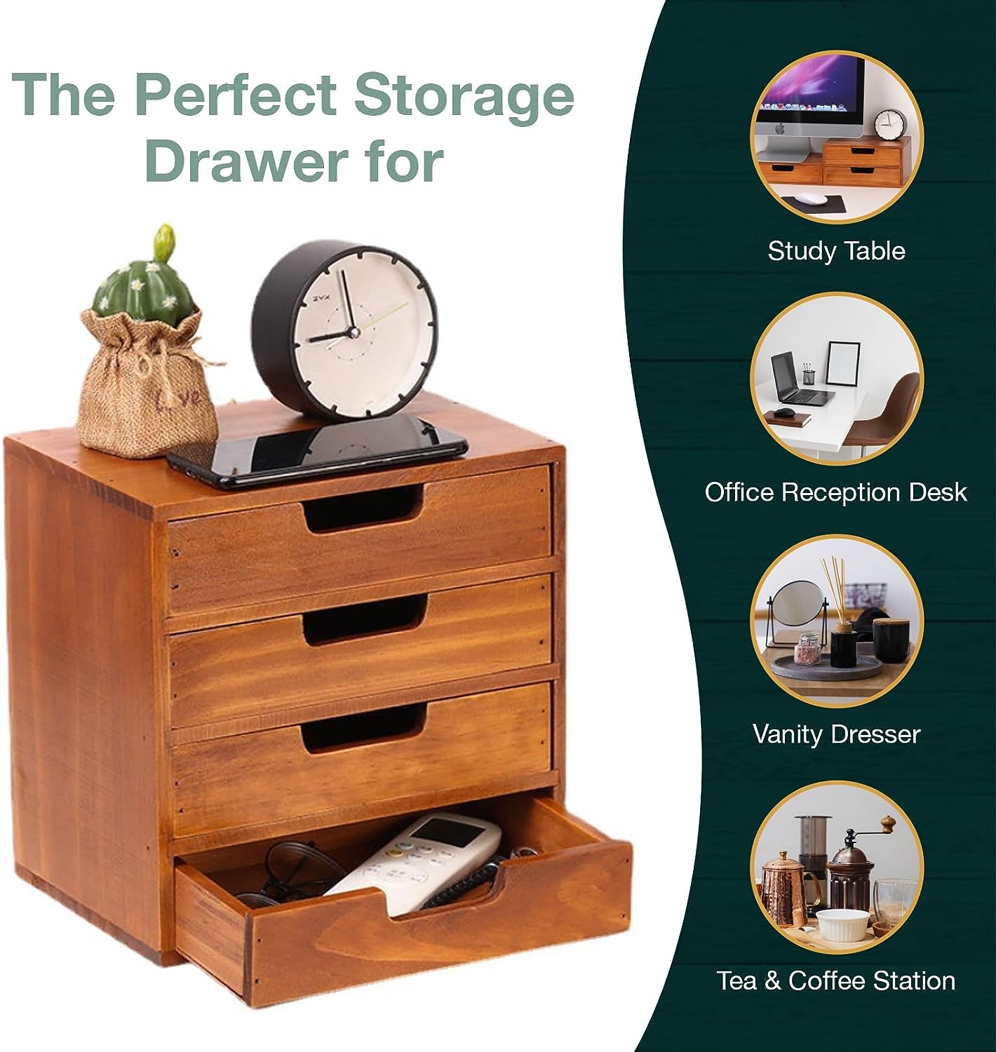 4 Drawer Wooden Desk Organizer Cabinet - Stackable Desktop Storage Drawers for Office Supplies, Jewelry, Crafts & Home Organization