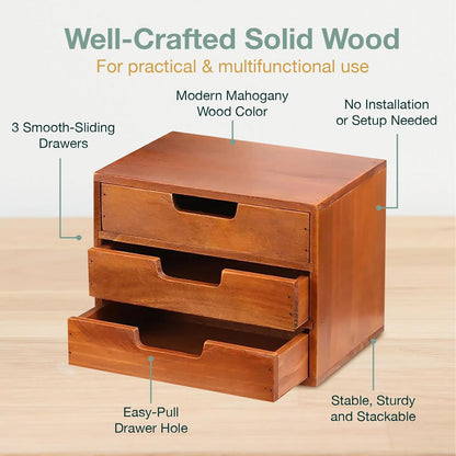 3-Drawer Wooden Desktop Organizer – Solid Wood Storage Cabinet for Desk, Countertop & Vanity Organization