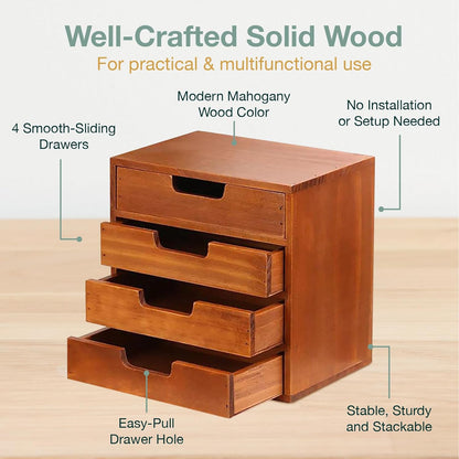 4 Drawer Wooden Desk Organizer Cabinet - Stackable Desktop Storage Drawers for Office Supplies, Jewelry, Crafts & Home Organization