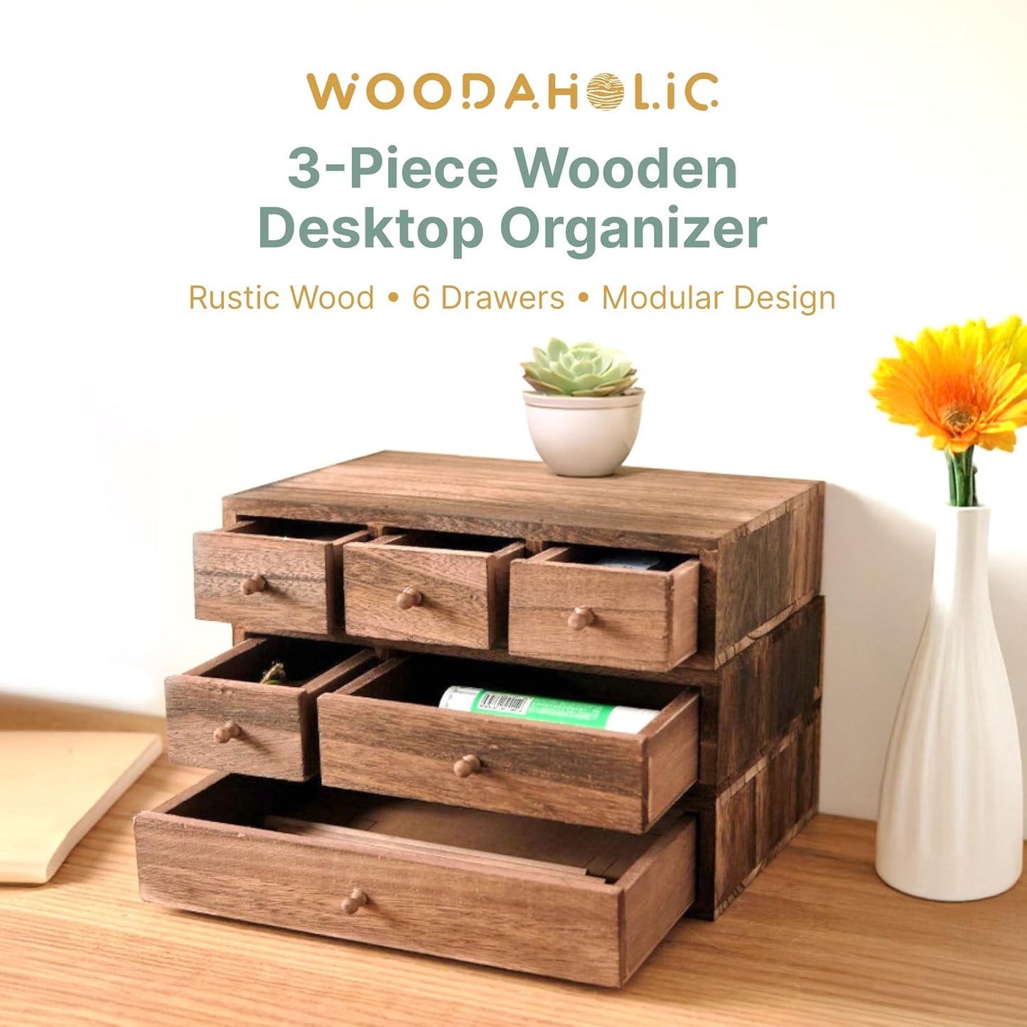 3-Piece Wooden Apothecary Drawer Organizer Set – Stackable Desktop Storage with 6 Drawers for Crafts, Sewing, Jewelry & Stationery