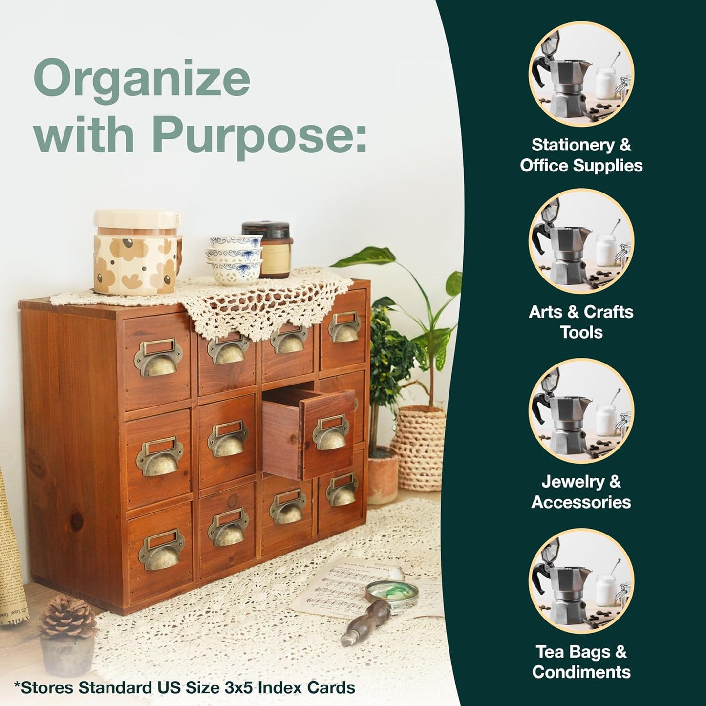 12 Drawer Vintage Wood Storage Cabinet with Label Holders - Compact Desktop Organizer for Cards, Tea Storage & Small Supplies