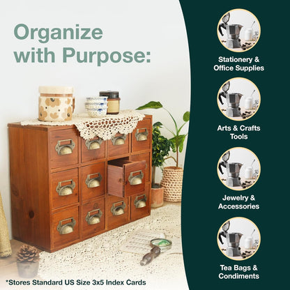 12 Drawer Vintage Wood Storage Cabinet with Label Holders - Compact Desktop Organizer for Cards, Tea Storage & Small Supplies