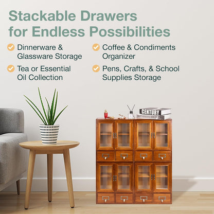 4-Piece Wooden Mini Cabinet Set with Glass Doors – Stackable Wall-Mount Storage Organizer with Drawers for Office & Home