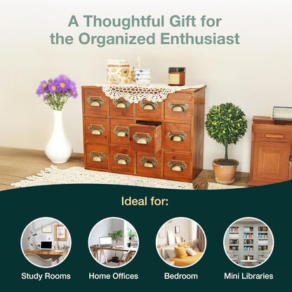12 Drawer Vintage Wood Storage Cabinet with Label Holders - Compact Desktop Organizer for Cards, Tea Storage & Small Supplies