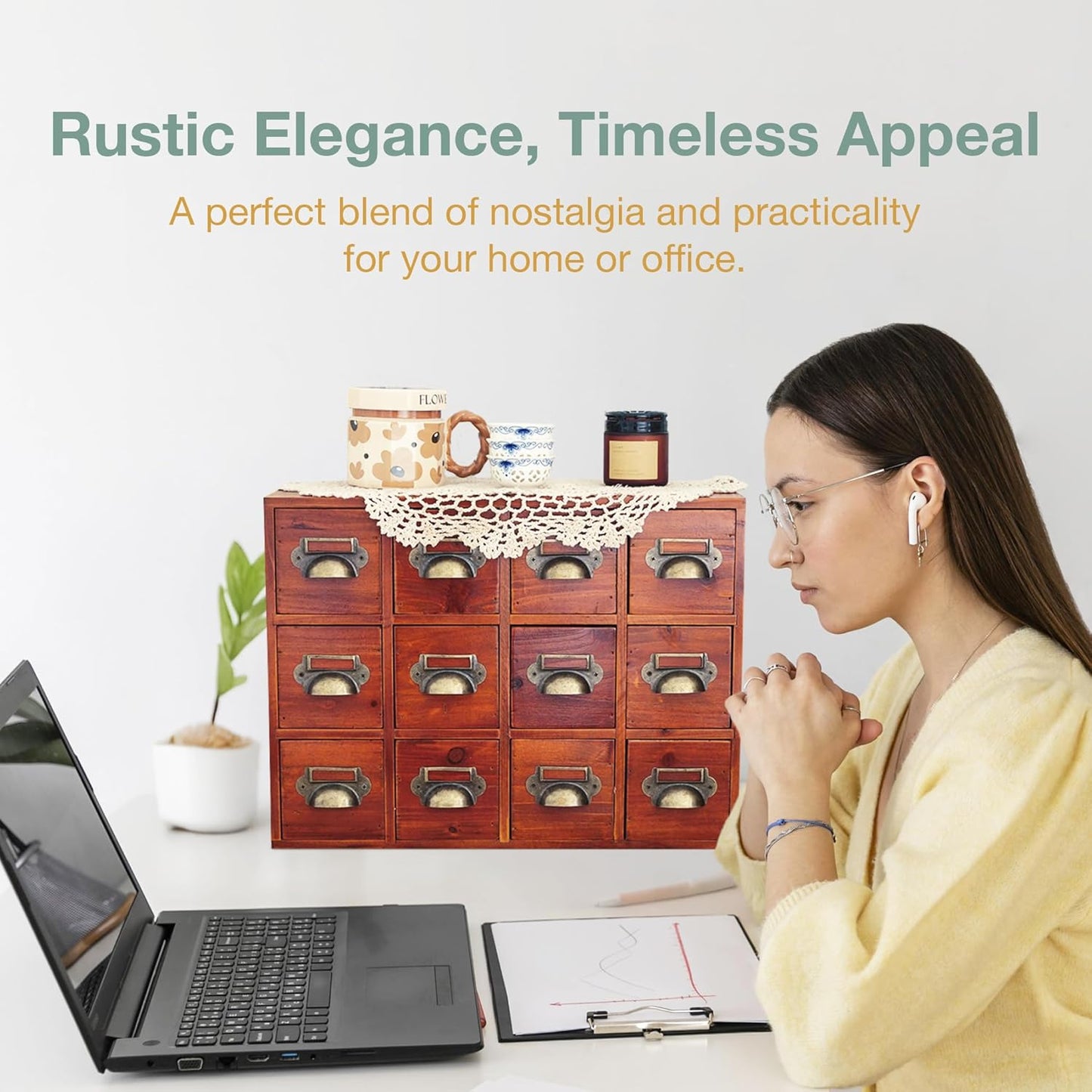 12 Drawer Vintage Wood Storage Cabinet with Label Holders - Compact Desktop Organizer for Cards, Tea Storage & Small Supplies