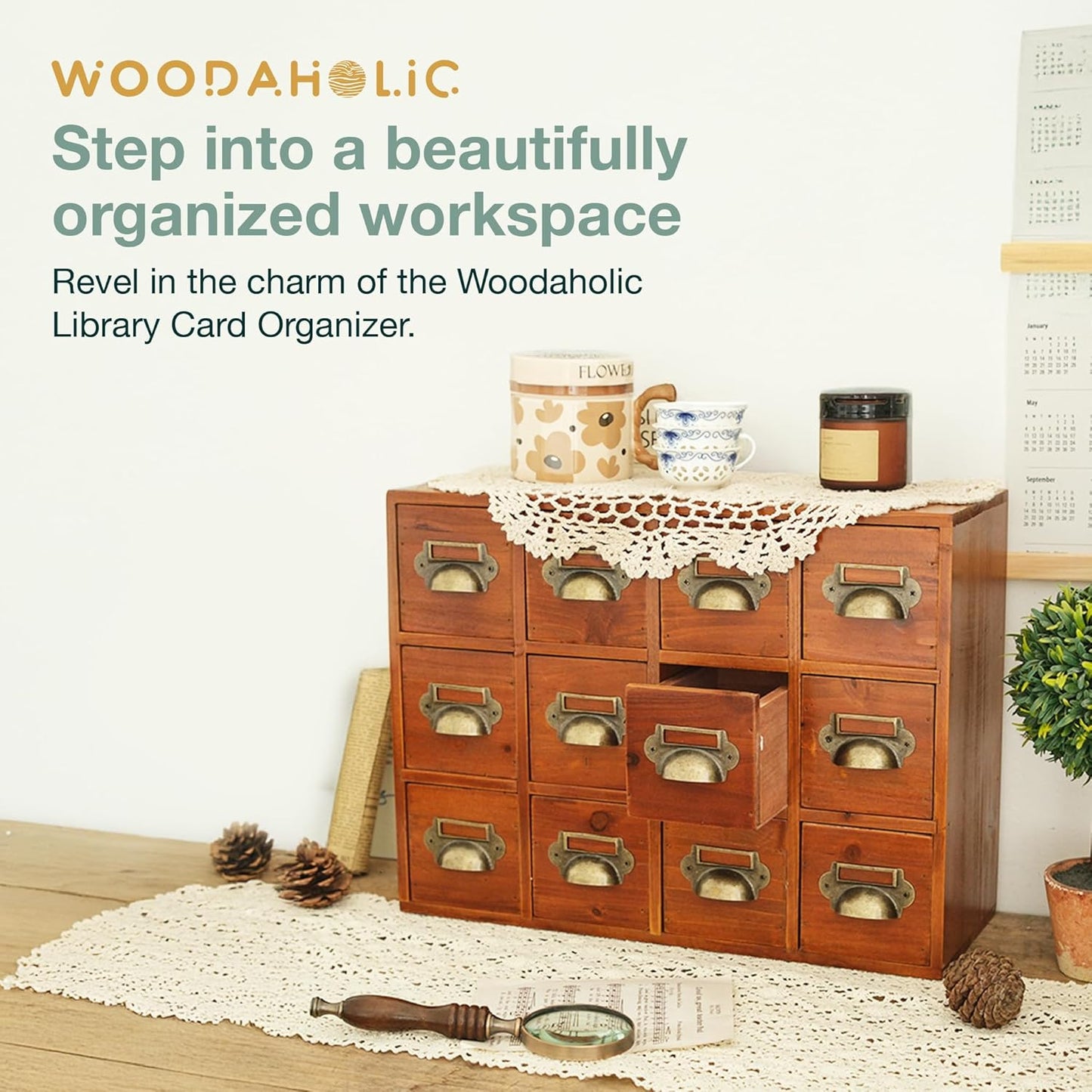 12 Drawer Vintage Wood Storage Cabinet with Label Holders - Compact Desktop Organizer for Cards, Tea Storage & Small Supplies