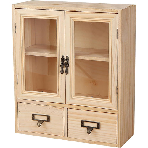 Rustic Mini Glass Door Cabinet with Drawers - Wooden Countertop Kitchen Storage Cabinet for Spices, Bathroom Essentials