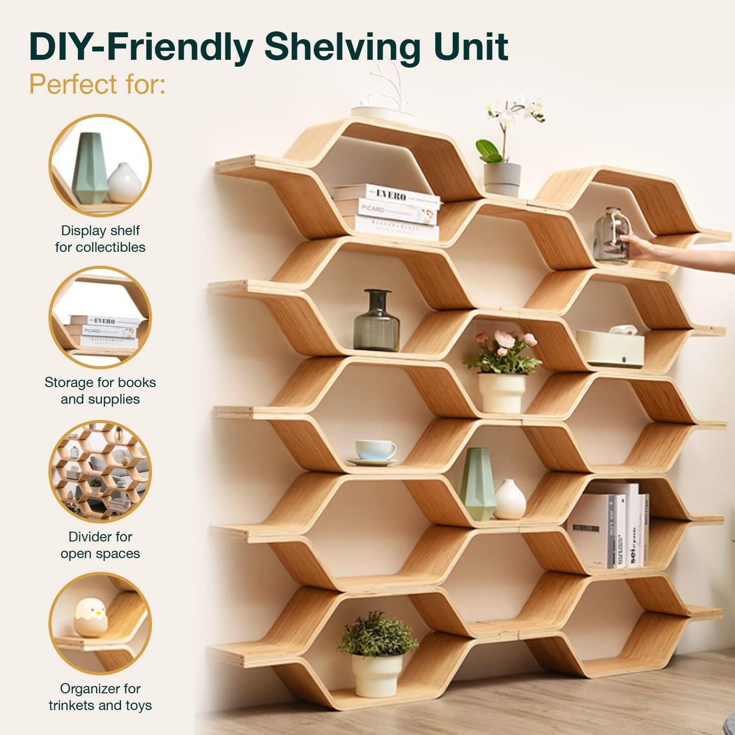 6-Level Honeycomb Hexagon Wood Shelving Unit – 5ft Tall Modern Room Divider Bookcase, DIY Solid Wood Display Shelf for Living Room, Office & Bedroom