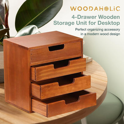 4 Drawer Wooden Desk Organizer Cabinet - Stackable Desktop Storage Drawers for Office Supplies, Jewelry, Crafts & Home Organization