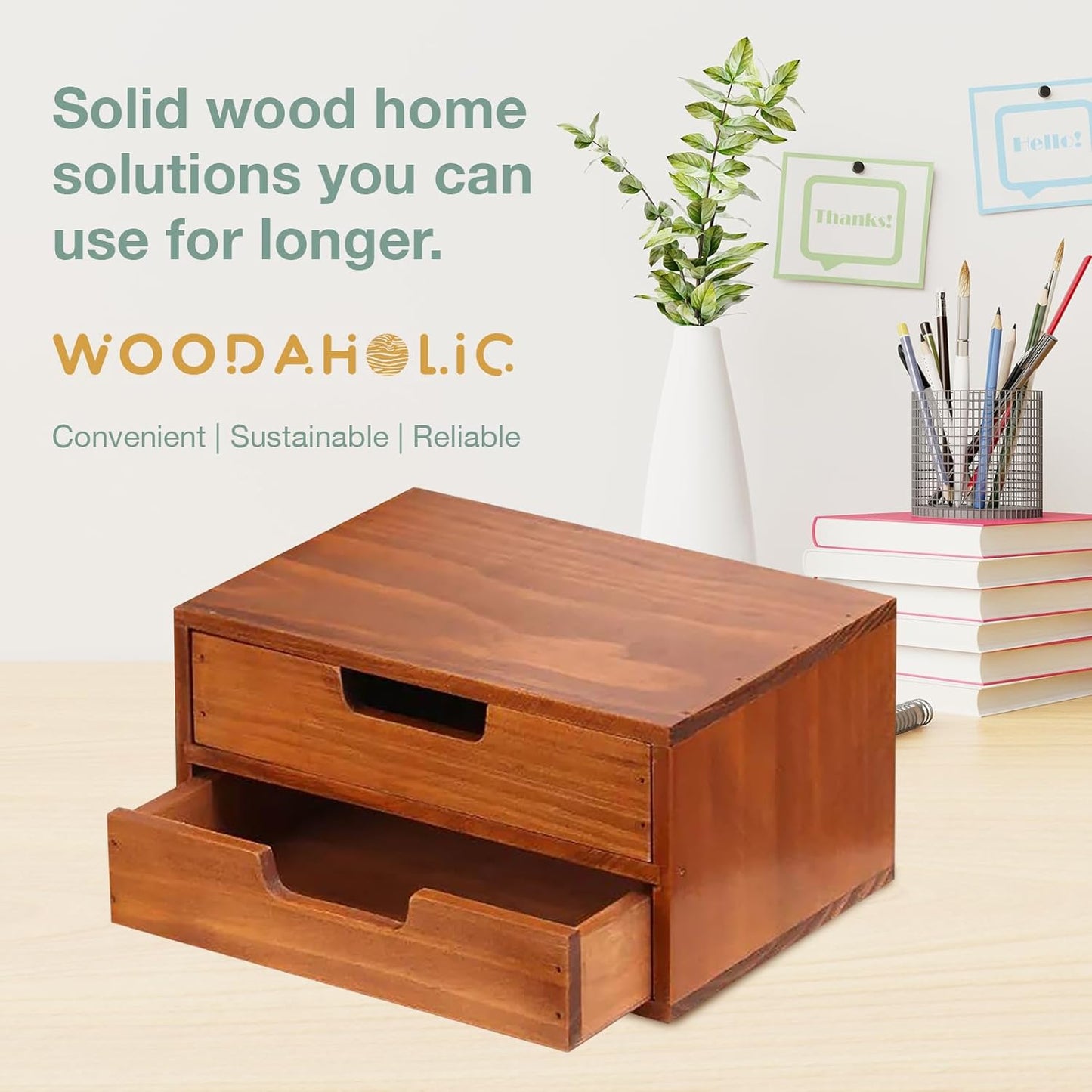 Wooden Desktop Organizer with 2 Drawers : Stackable Desk Storage Cabinet & Monitor Riser for Office Supplies, Documents & Workspace Organization