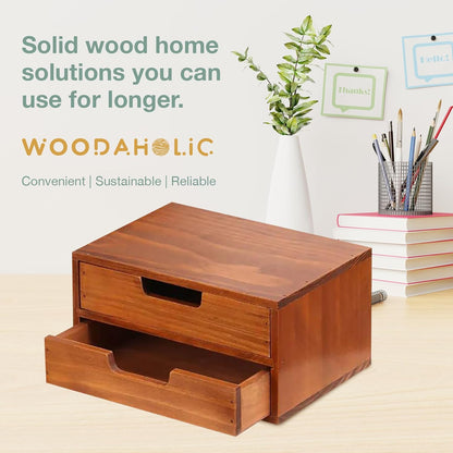 Wooden Desktop Organizer with 2 Drawers : Stackable Desk Storage Cabinet & Monitor Riser for Office Supplies, Documents & Workspace Organization