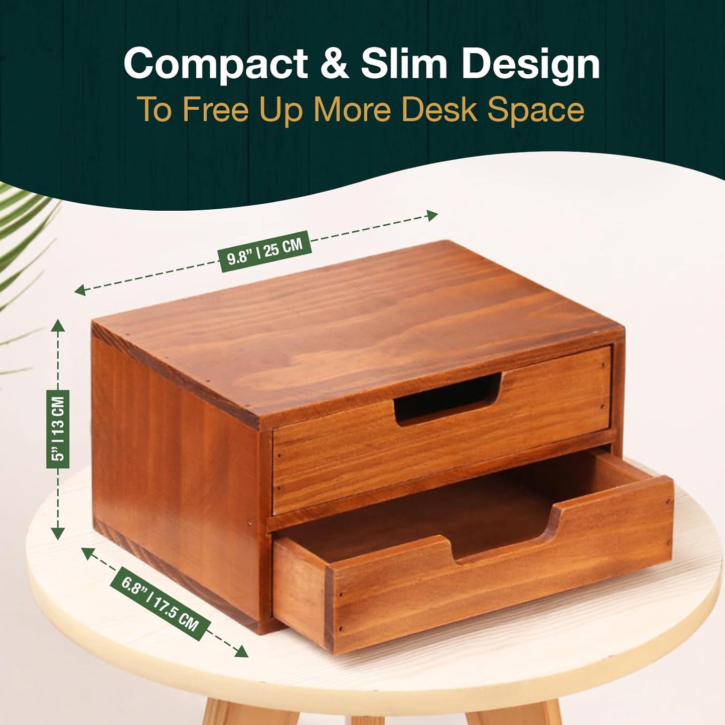 Wooden Desktop Organizer with 2 Drawers : Stackable Desk Storage Cabinet & Monitor Riser for Office Supplies, Documents & Workspace Organization
