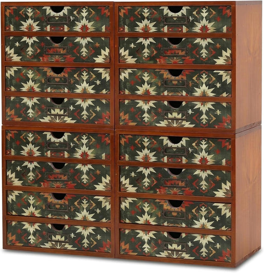Boho Geometric 16-Drawer Wooden Organizer Set - Modular Stackable Desktop Storage Cabinet for Desk, Vanity, Kitchen, Crafts & Jewelry