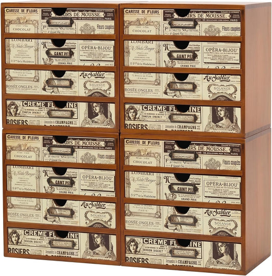 Vintage Ephemera 16-Drawer Wooden Organizer Set - Modular Stackable Desktop Storage Cabinet with Newspaper Print for Desk