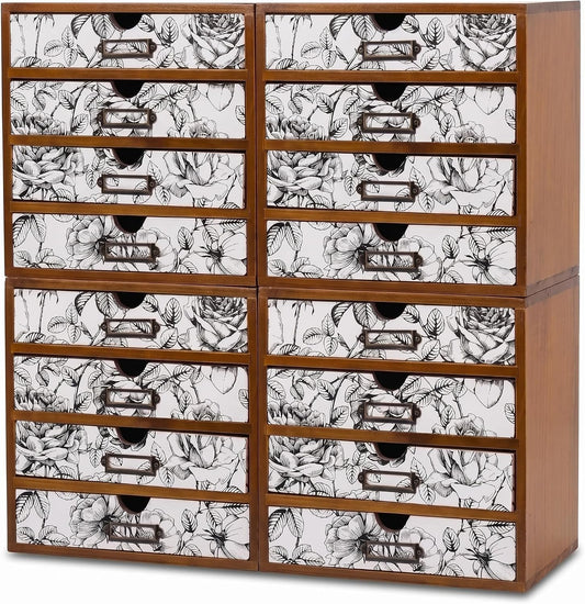 Black & White Floral 16-Drawer Wooden Organizer - Stackable Storage Cabinet with Label Holders for Stationery, Keepsakes, Sewing & Beauty Supplies