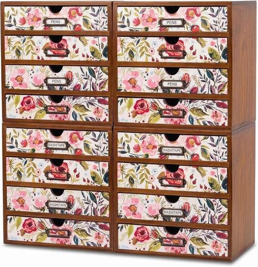 Floral 16-Drawer Wooden Organizer Set - Modular Stackable Desktop Storage Cabinet for Desk, Vanity, Kitchen, Crafts & Jewelry