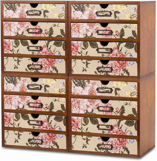 Victorian Floral 16-Drawer Wooden Organizer Set - Modular Stackable Desktop Storage Cabinet for Desk, Vanity