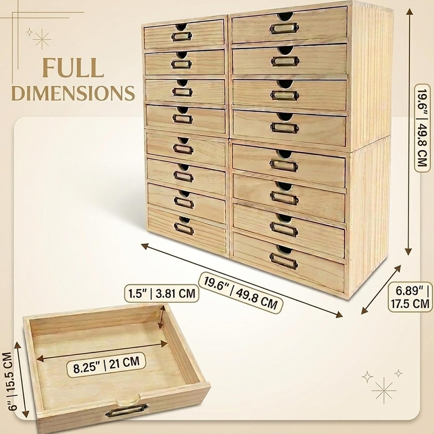 Natural Pine 16-Drawer Wooden Organizer - Modular Stackable Storage Cabinet for Office Supplies, Makeup, Tea Bags & Small Household Items