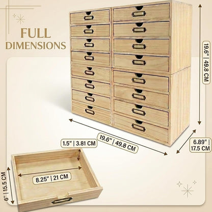 Natural Pine 16-Drawer Wooden Organizer - Modular Stackable Storage Cabinet for Office Supplies, Makeup, Tea Bags & Small Household Items