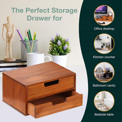 Wooden Desktop Organizer with 2 Drawers : Stackable Desk Storage Cabinet & Monitor Riser for Office Supplies, Documents & Workspace Organization