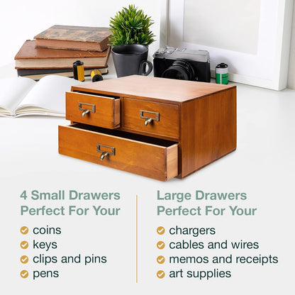 Vintage Apothecary Card Catalog Desk Organizer : 3 Drawer Wooden Storage Cabinet with Label Holders for Office Supplies