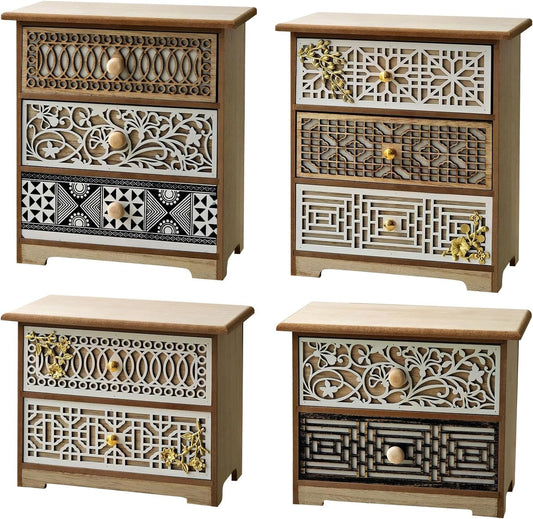 Set of 4 Decorative Wooden Drawer Organizers with Artisan Lattice Fronts - Vintage Tabletop Storage Cabinets for Jewelry, Makeup, Desk & Shelf