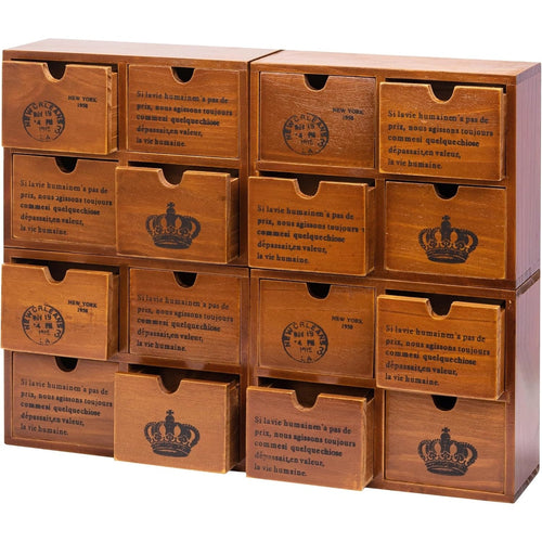 4-Piece Wooden Drawer Organizer Set – Vintage Apothecary Style Desk Cabinet with 16 Drawers, Stackable Storage